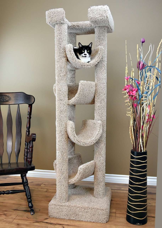 Tall Cat Tower Curved Cradles Beige Shaggy Carpet Skyscraper