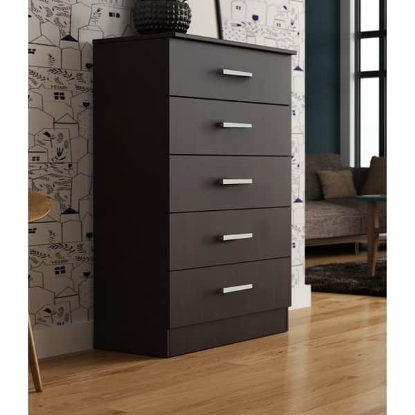 Tall Chest of Drawers Flat Fronts Silver Hardware Modern Dark Finish