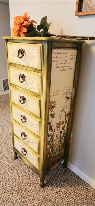Tall Dresser with French Script Mural and Embossed Floral Drawers