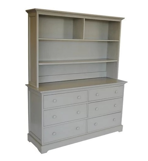 Tall Gray Dresser Hutch Combo with Divided Shelf and Bracket Feet