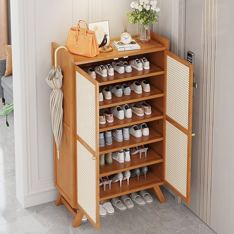 Tall Honey Brown Shoe Cabinet with Rattan Mesh Doors and Hook