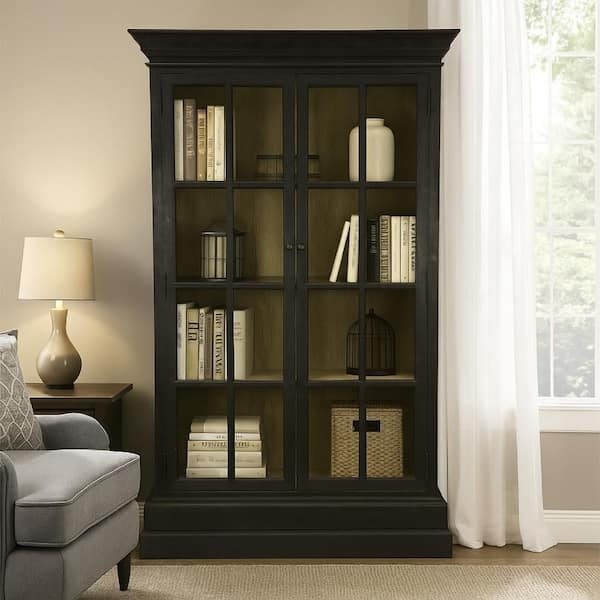 Tall Matte Black Library Bookcase with Light Wood Interior