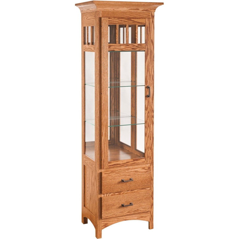 Tall Mission Curio Cabinet with Top Slats and Two Bottom Drawers