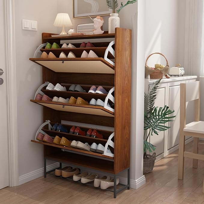 Tall Narrow Walnut Shoe Cabinet featuring Three Tier Flip Drawers
