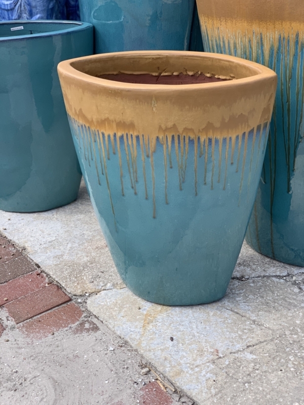 Tall Oval Planter, Drip Glaze, Ochre Gold Rim, Turquoise Blue, Coastal