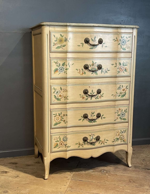 Tallboy French Provincial Antique Cream with Floral Serpentine Front