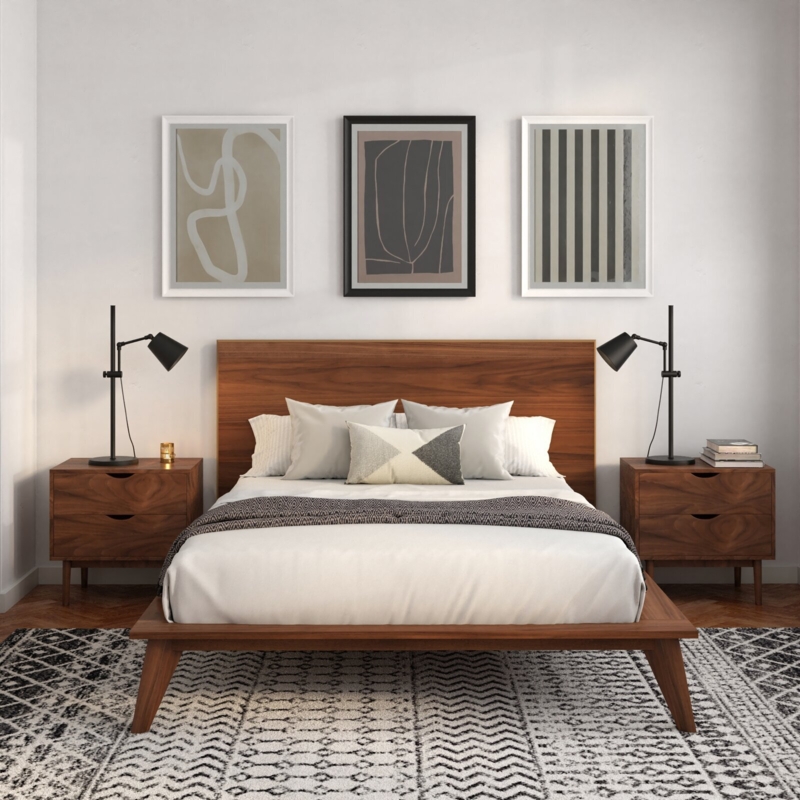 Tapered Angled Leg Bed Walnut Wood Finish Japandi Platform Style