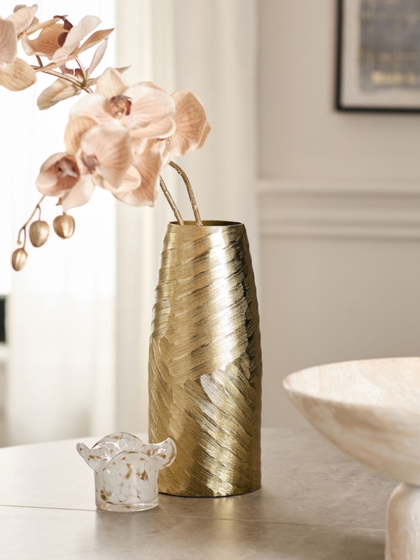 Tapered Floor Vase Brushed Metallic Finish Swirled Texture Decor