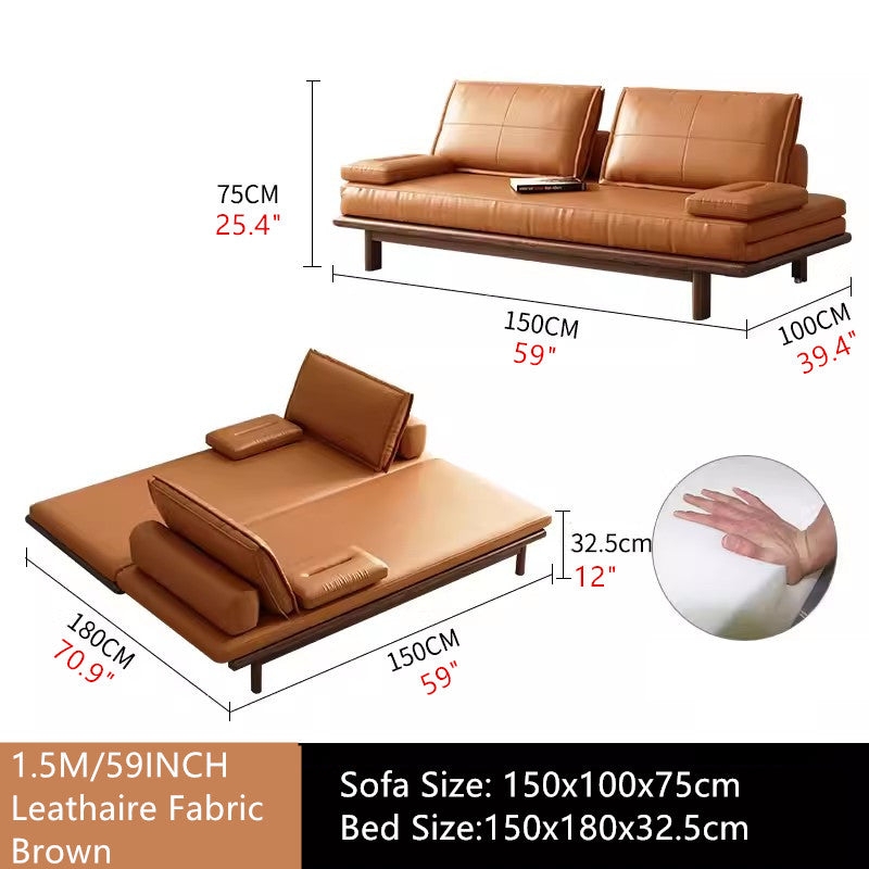 Tatami Style Sleeper Sofa, Low Profile Base, Cognac Brown Leathaire