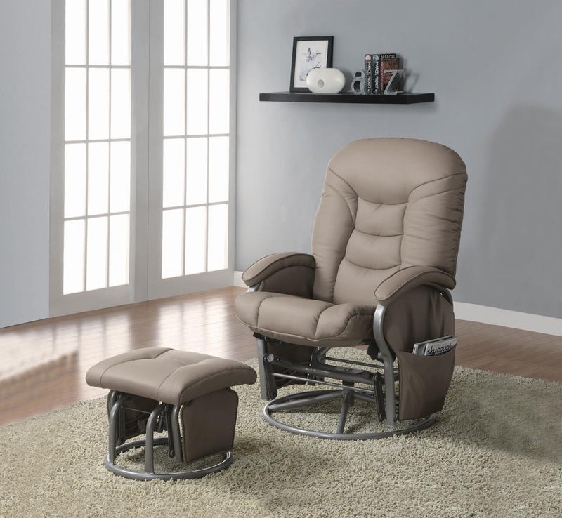 Taupe Glider Recliner Set with Matching Ottoman and Side Storage Pocket