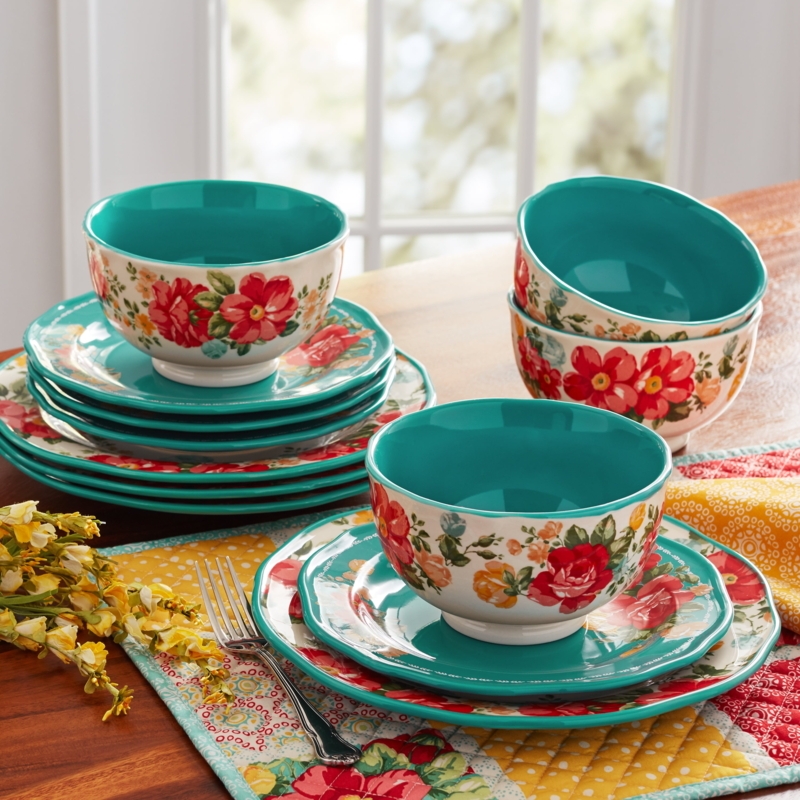 Teal Farmhouse Dinnerware Set with Footed Bowls & Floral Pattern