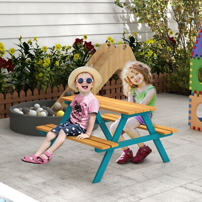 Teal Frame Kids Picnic Table with Slatted Top and A-Frame Legs
