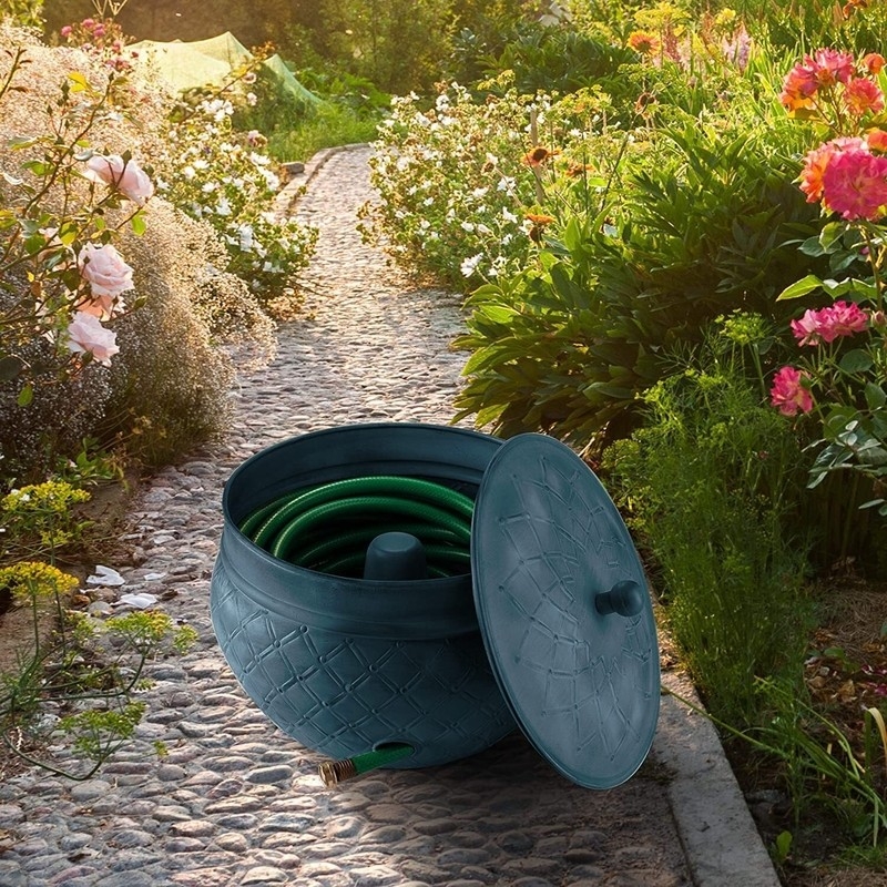 Teal Garden Hose Pot: Verdigris Finish, Diamond Lattice Pattern