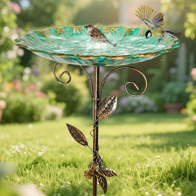 Teal Glass Garden Bird Bath Bowl on Leaf Ornamented Metal Stand