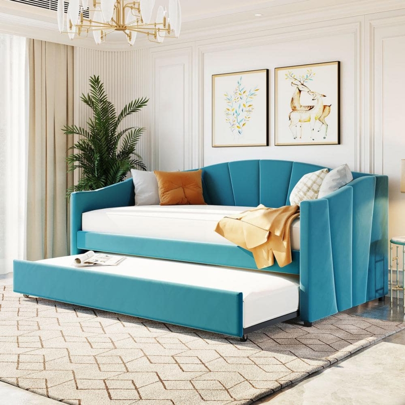Teal Velvet Daybed with Scalloped Back and Curved Wing Arms