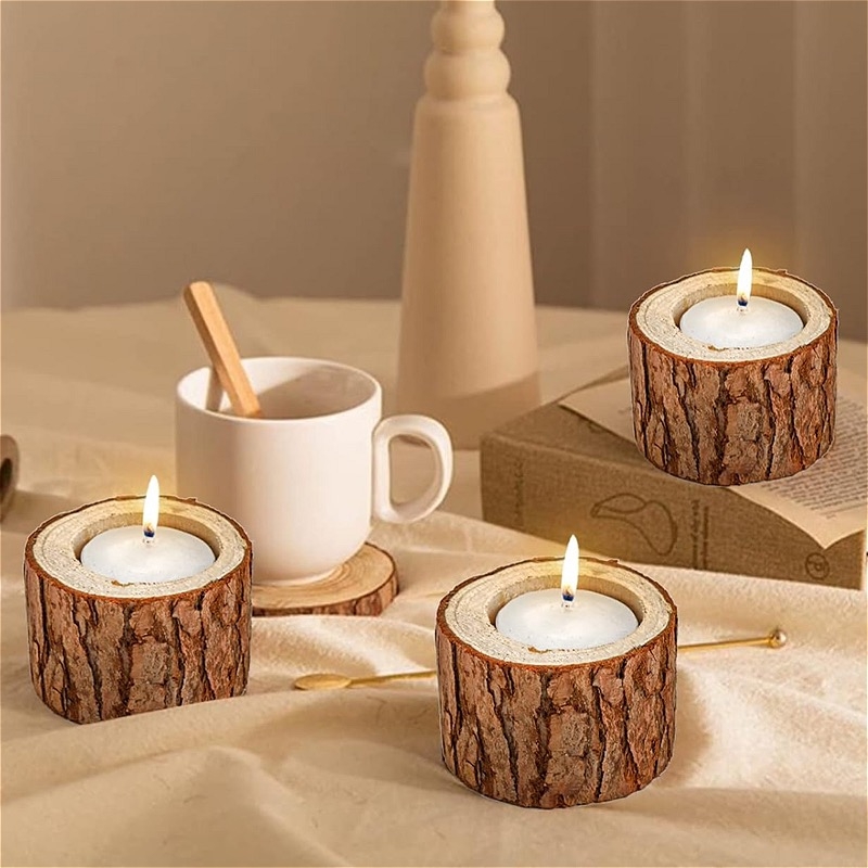 Tealight Candle Holder Log Slice Design, Textured Bark Exterior