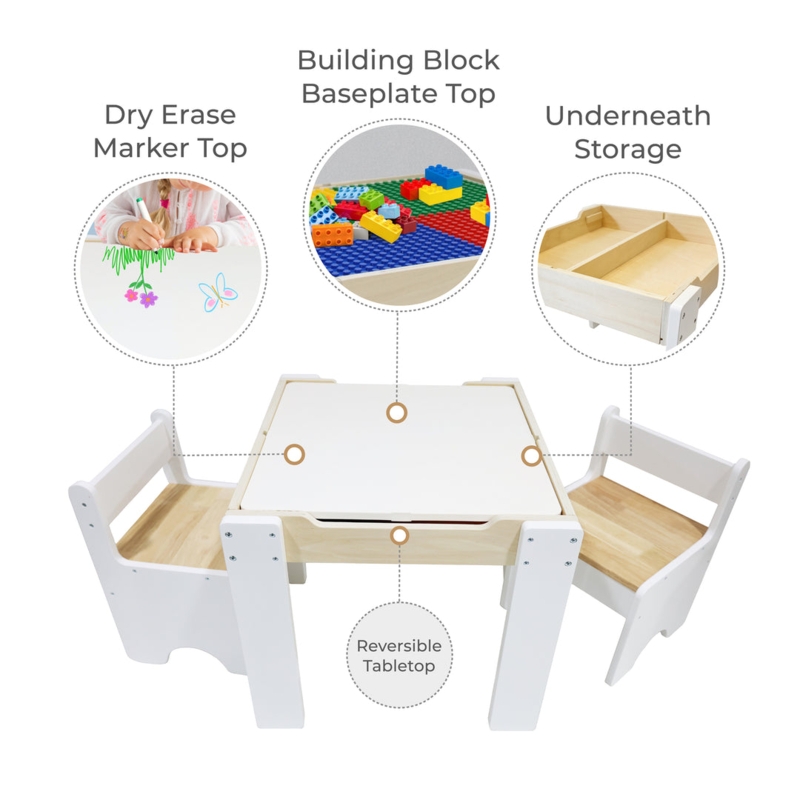Teamson Kids Multi-Activity Table with Tabletop & Chairs Set,White