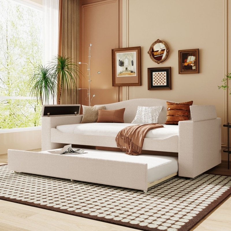 Teddy Fleece Daybed, Beige, with Bluetooth Audio & Storage Armrest