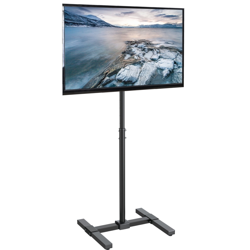 Telescoping TV Floor Stand: H-Shaped Base, Visible Fasteners, Industrial.