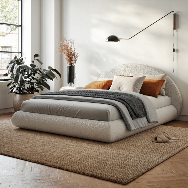 Textured Bouclé Platform Bed Arched Headboard Japandi Style