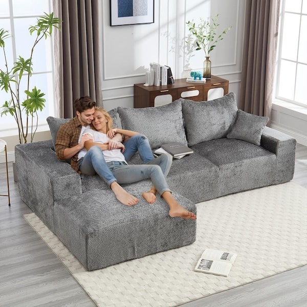 Textured Gray Chenille Sectional with Square Arms and Deep Lounge Seats