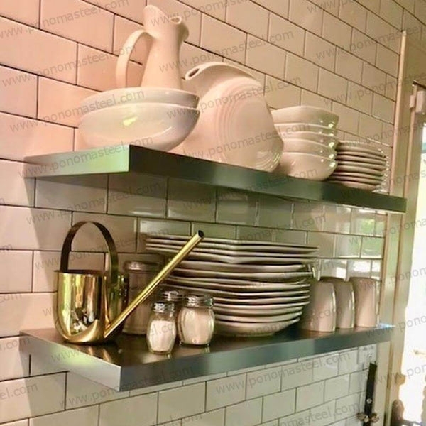 Thick Brushed Stainless Steel Floating Shelf, Subway Tile Kitchen Shelves