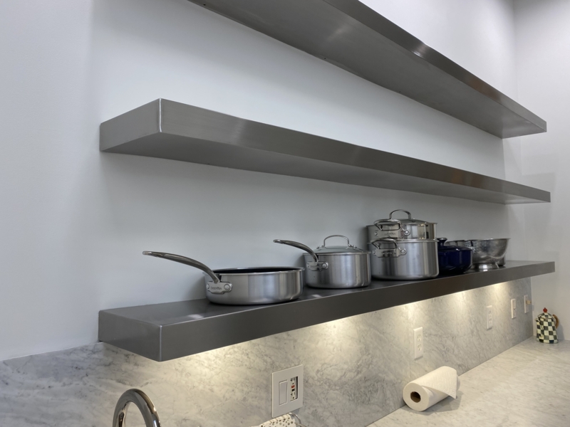 Thick Brushed Stainless Steel Floating Shelves with Integrated Lighting