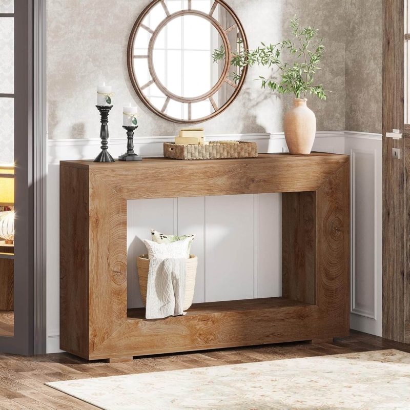 Thick Frame Console Table with Pronounced Wood Grain Texture
