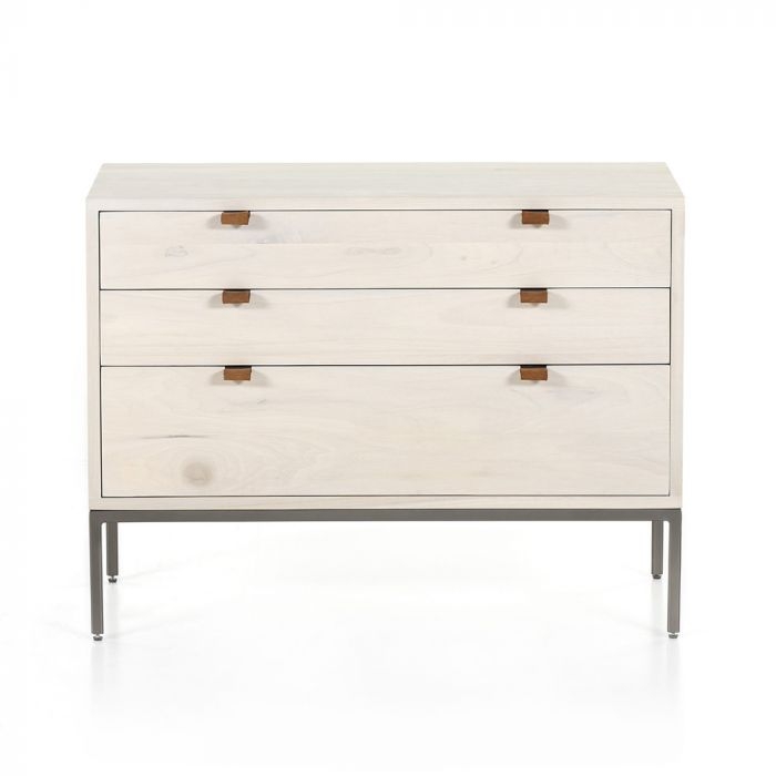 Three Drawer Chest with Leather Tab Pulls: Metal Base Nightstand