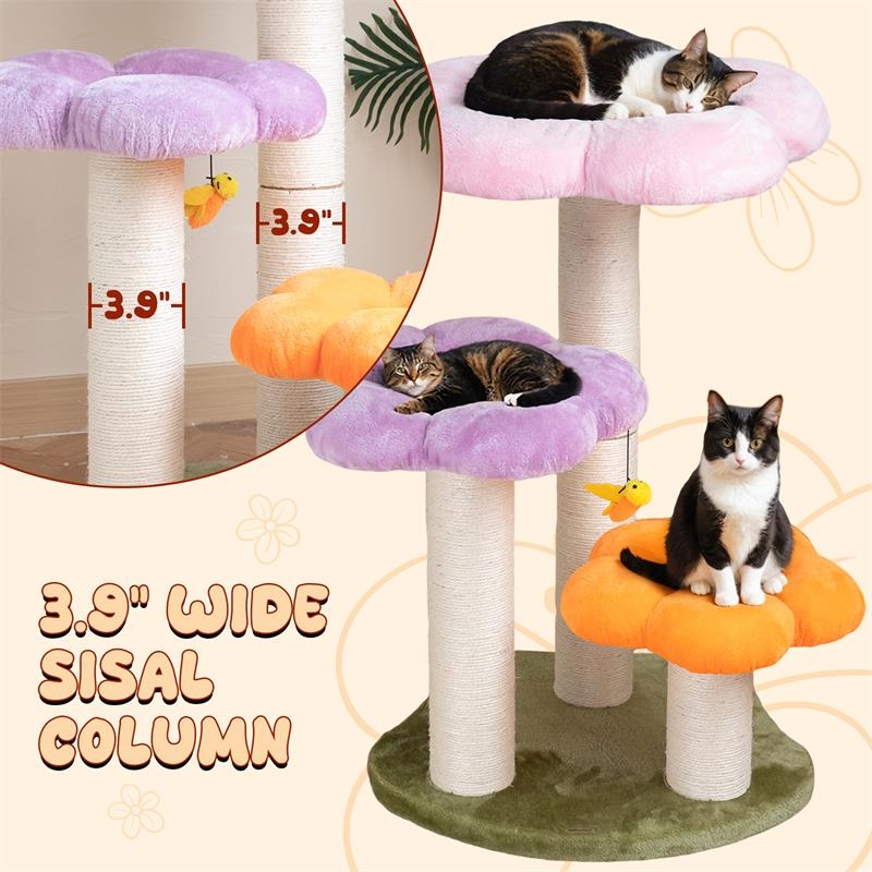 Three Flower Cat Tree Flower Shaped Platforms Pastel Plush Sisal Columns