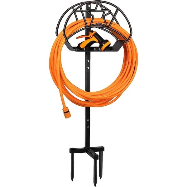 Three Prong Garden Hose Holder: Matte Black Stake Stand, Star Motif