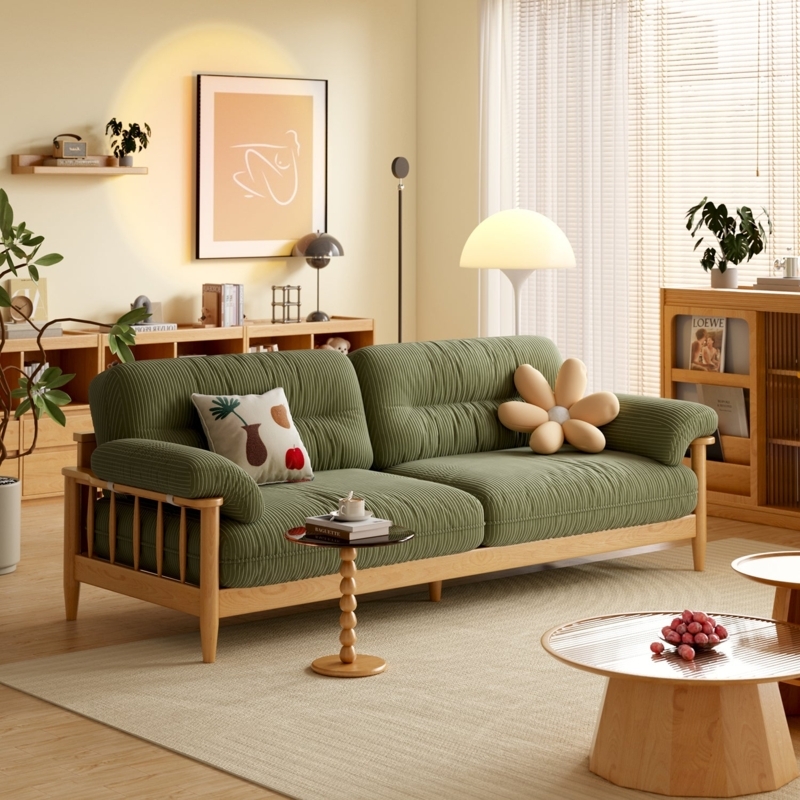 Three Seater Sofa in Olive Green Corduroy with Spindle Armrests
