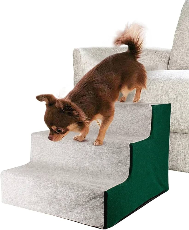 Three-Step Pet Stairs Emerald Green Sides Plush Grey Rounded Edges