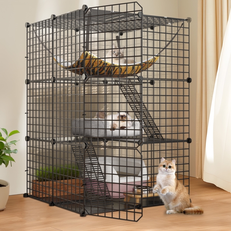 Three Tier Cat Playpen Modular Wire with Tiger Print Hammock