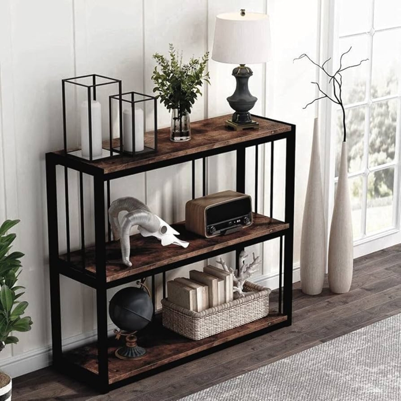 Three Tier Console Table with Vertical Slats and Open Shelving