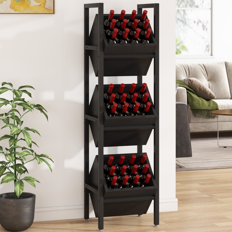 Three Tier Freestanding Wine Rack with Angled Bottle Bins