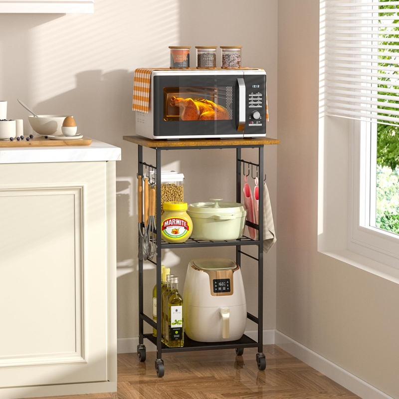 Three Tier Kitchen Cart with Wire Grid Shelf and Side Hooks