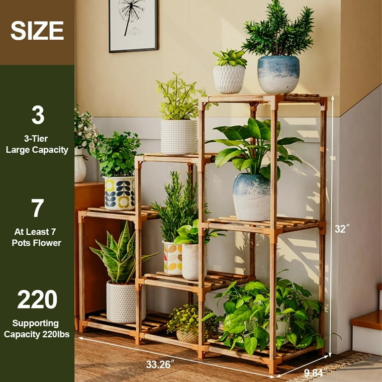 Three Tier Plant Stand Carbonized Finish Modular Joints Slatted Wood