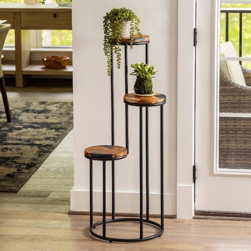 Three-Tiered Plant Stand Resin Inlay Wood Toned Staggered Levels Metal