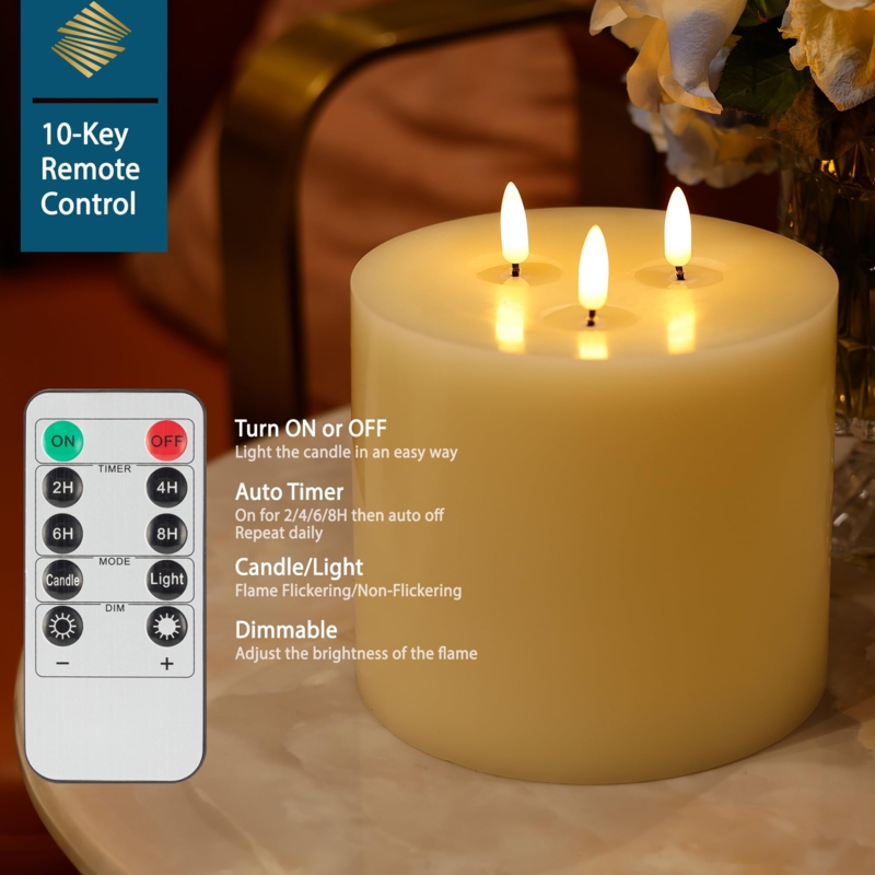 Three Wick Battery Candle Ten Key Remote, Extra Large Diameter, Ivory