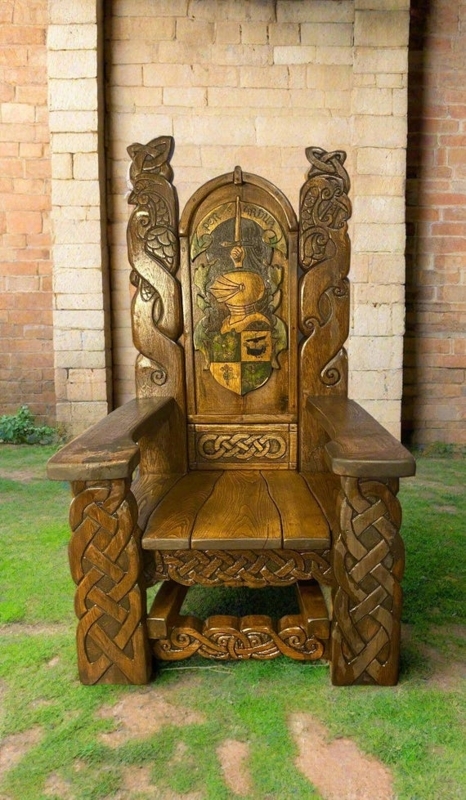 Throne Chair: Hand Carved Celtic Knotwork and Heraldic Crest