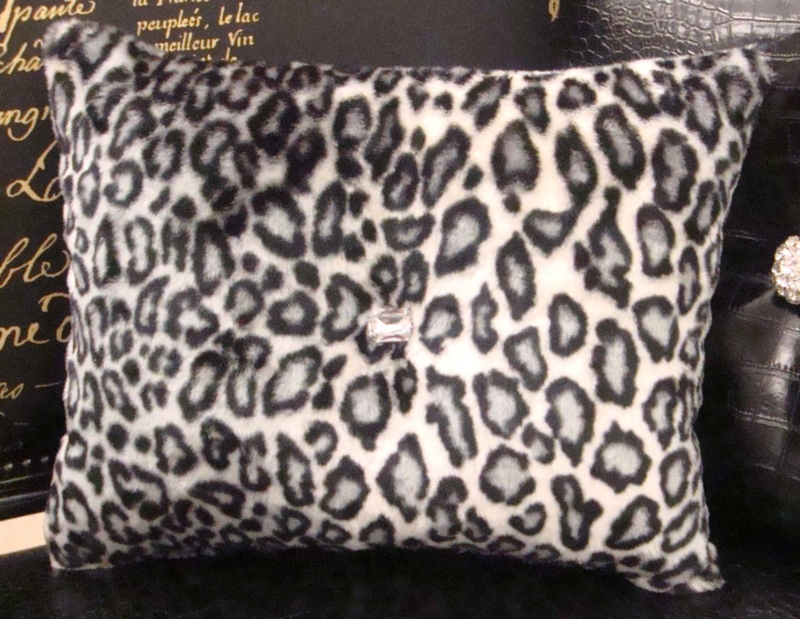 Throw Pillow, Glam Crystal Jewel Snow Leopard Faux Fur Cushion