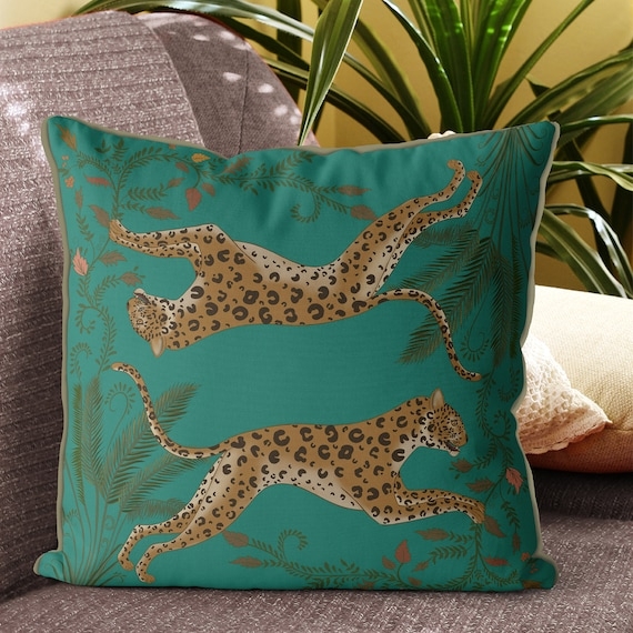 Throw Pillow, Jade Green Leaping Leopard Botanical Jungle Chic