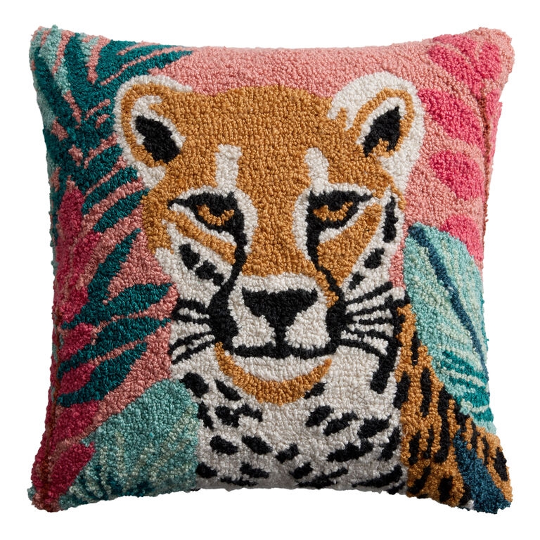 Throw Pillow, Tufted Leopard Face Loop Pile Tropical Boho Cushion