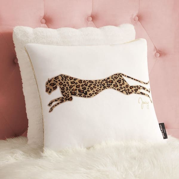 Throw Pillow, White Velvet Embroidered Cheetah Gold Piping Accent
