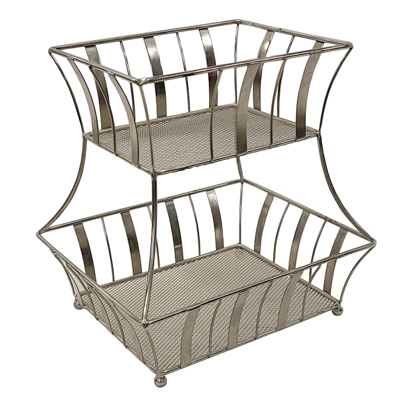 Tiered Basket Satin Nickel Two Tier Mesh Bottom Curved Slats