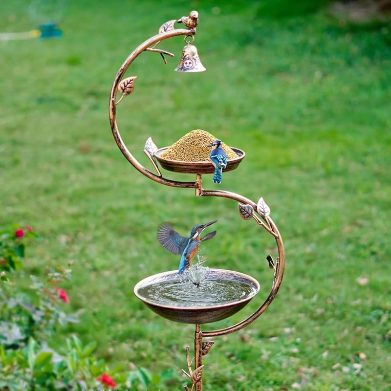 Tiered Bronze Bird Bath and Feeder with Decorative Hanging Bell