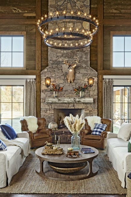 Tiered Chandelier Wagon Wheel Rustic Stone Chimney Breast Decor