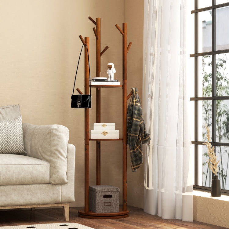 Tiered Coat Rack: Three Circular Shelves with Branch Style Arms, Walnut Brown