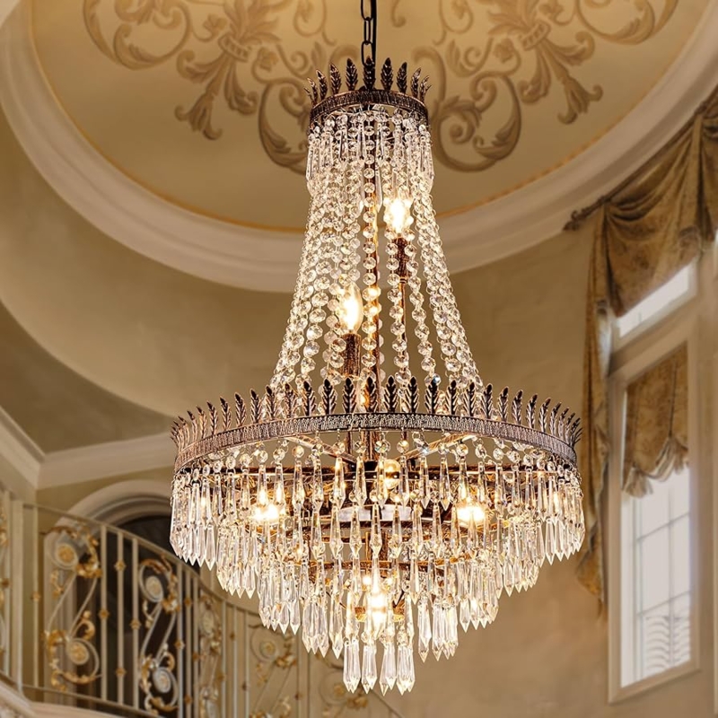 Tiered Crystal Chandelier Cascading Droplets Leaf Cresting Rustic Fixture